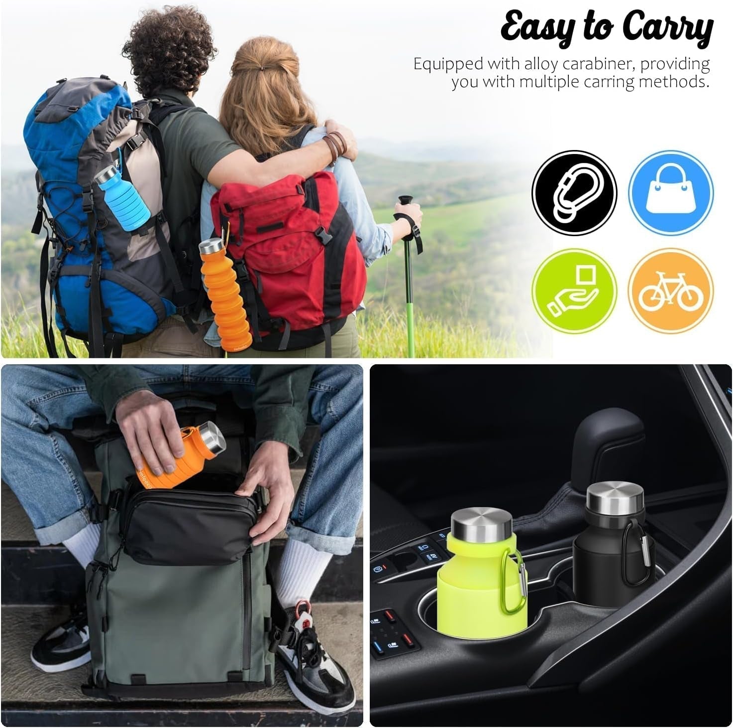 Collapsible Water Bottle, Reuseable BPA Free Silicone Foldable Water Bottles for Travel Gym Camping Hiking, Portable Leak Proof Sports Water Bottle with Carabiner