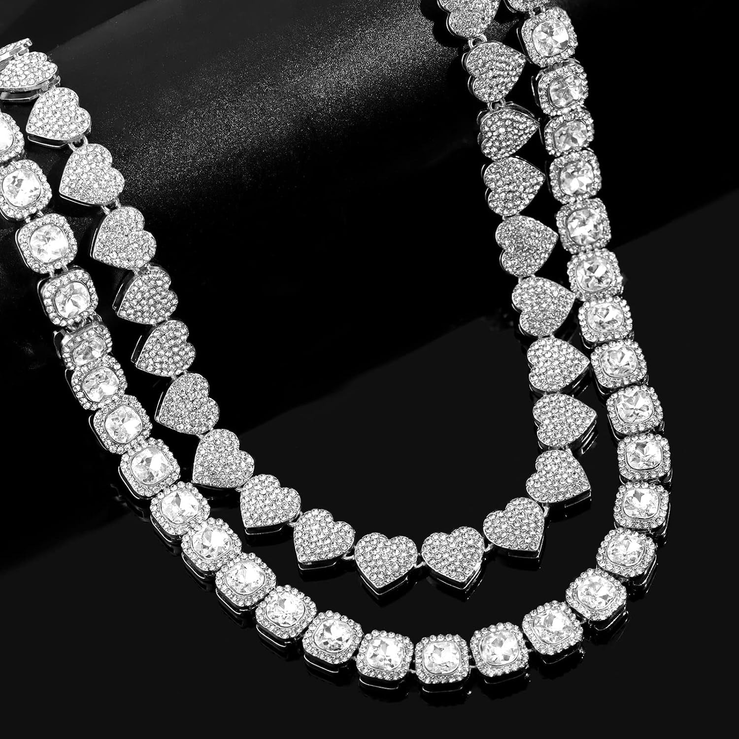 Women'S 18+20'' Zinc Necklace, Clustered Diamond Tennis Chain & Heart Necklace Set, Hip Hop Jewelry, Gold, Cuban Link, for Female, Gifts