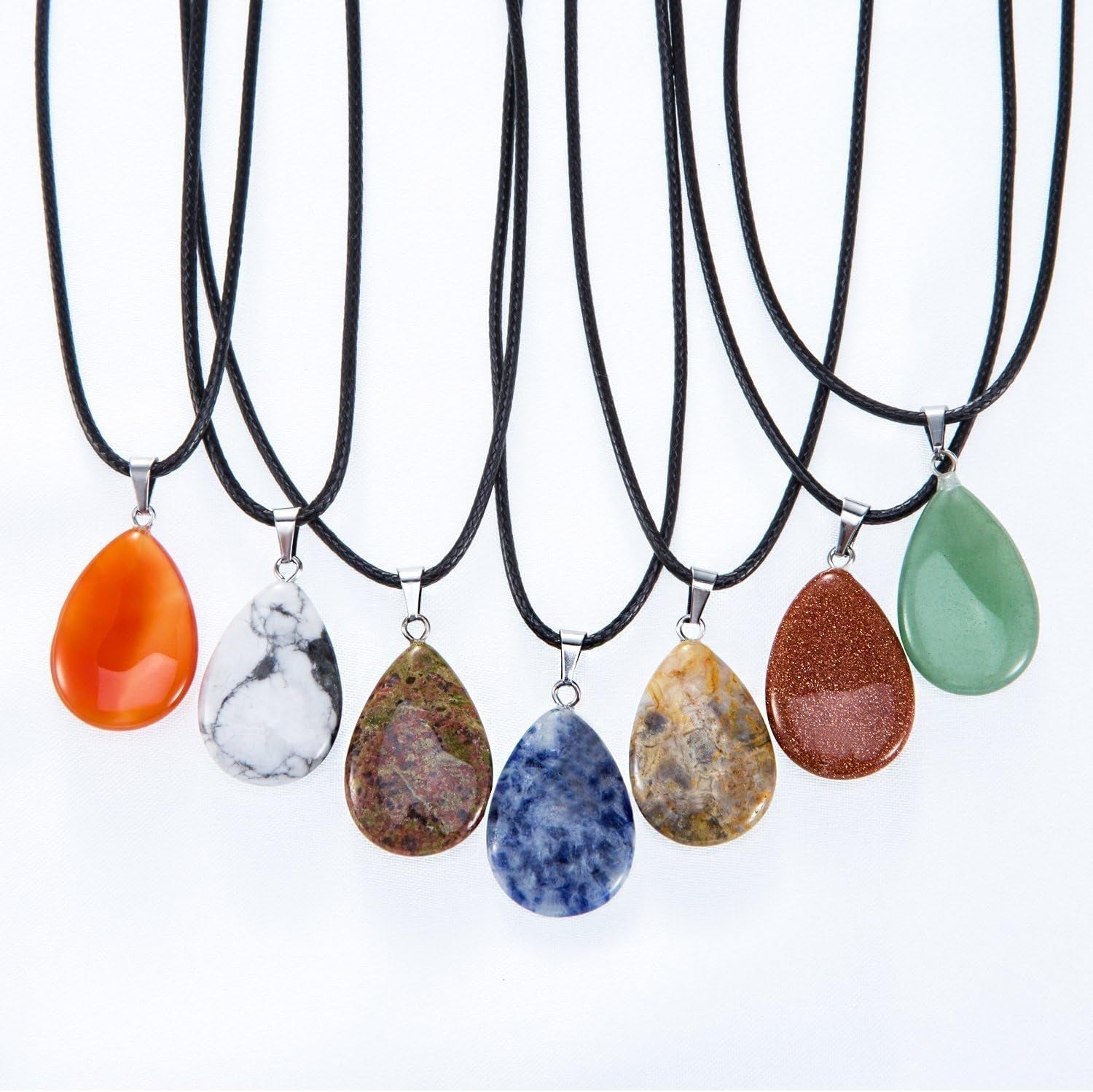 20 Pieces Stone Pendants Water Drop Shape Beads Crystal Quartz Stone Charm with 18 Inch Imitation Leather Cord Chain for Necklace Jewelry Making