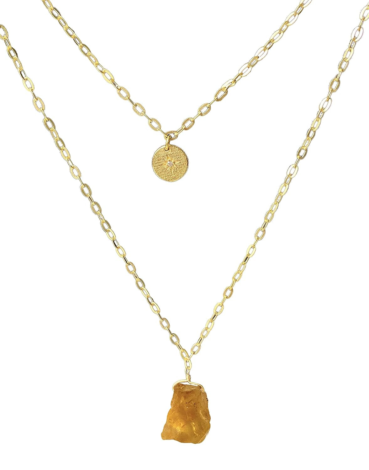 ALPHA® Raw Citrine Necklace with CZ Charm Pendant, Women Jewelry Rough Dainty Jewelry