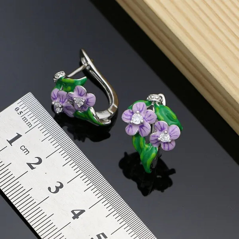 Purple Enamel Jewelry Sets Flower Green Leaves 925 Silver Jewelry Earrings Ppendant Ring for Women