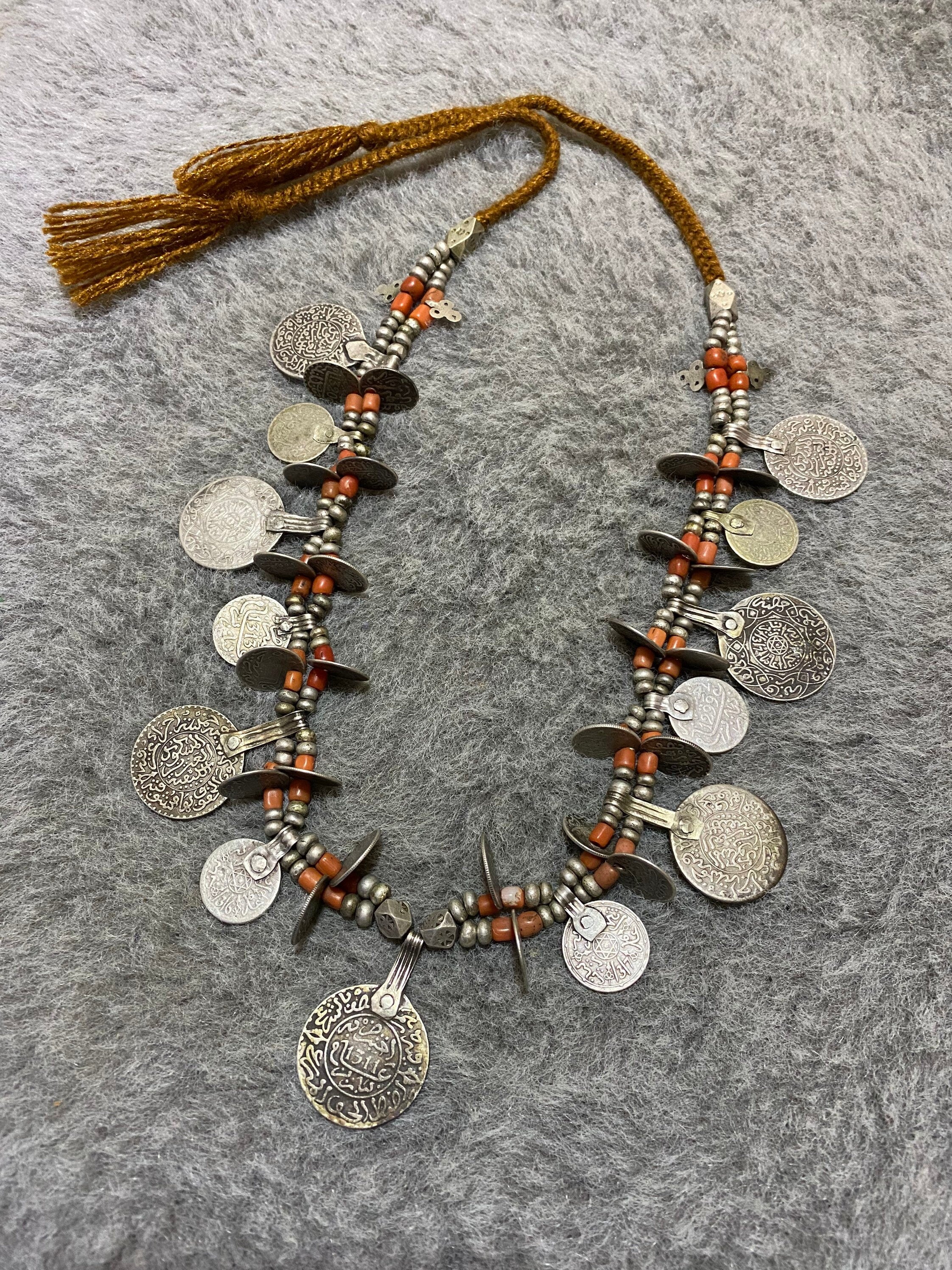 Antique Berber Necklace from Morocco,Old Moroccan Silver Coins Necklace,Berber Silver-Coral Necklace,Moroccan Jewelry