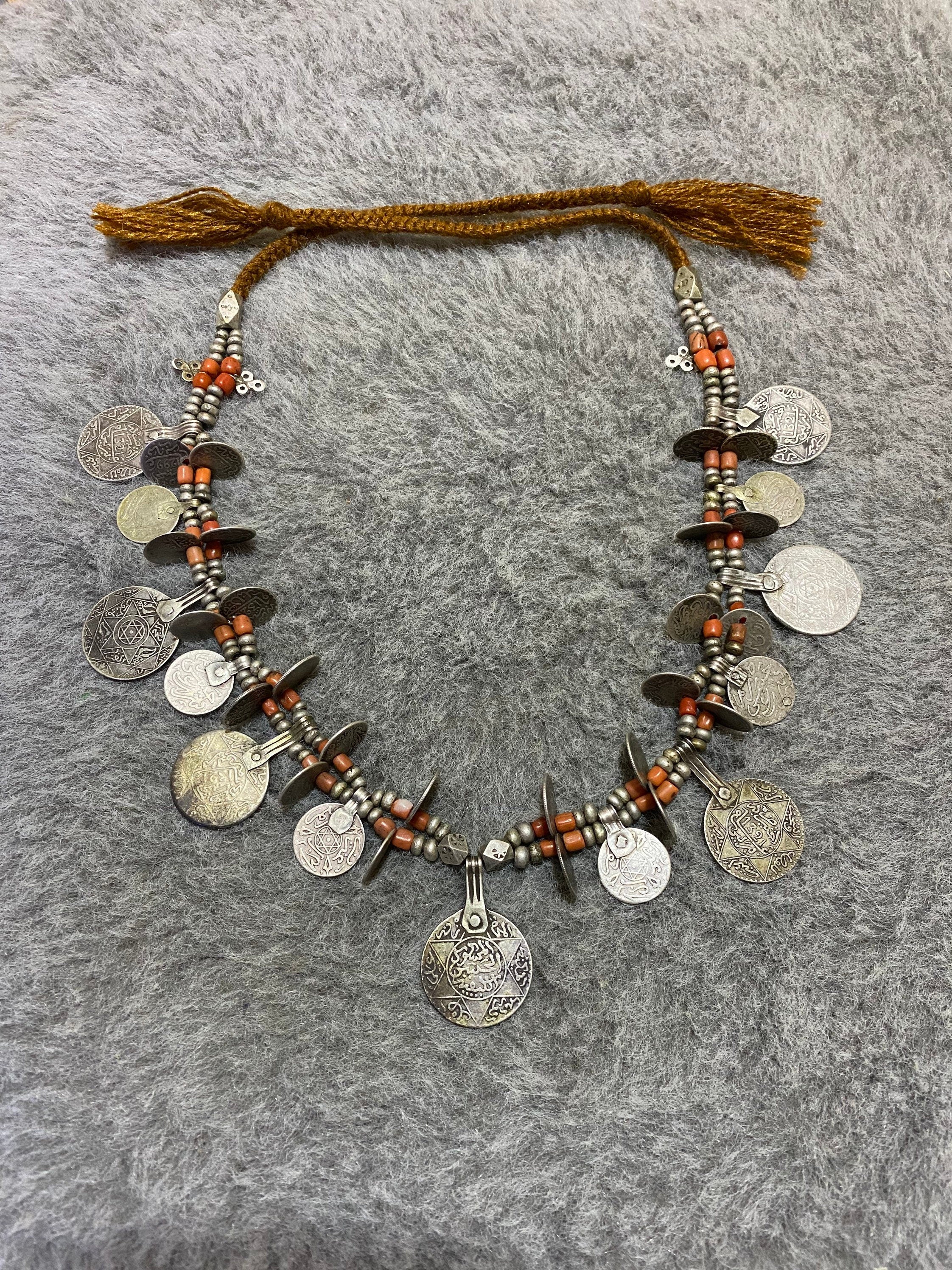 Antique Berber Necklace from Morocco,Old Moroccan Silver Coins Necklace,Berber Silver-Coral Necklace,Moroccan Jewelry