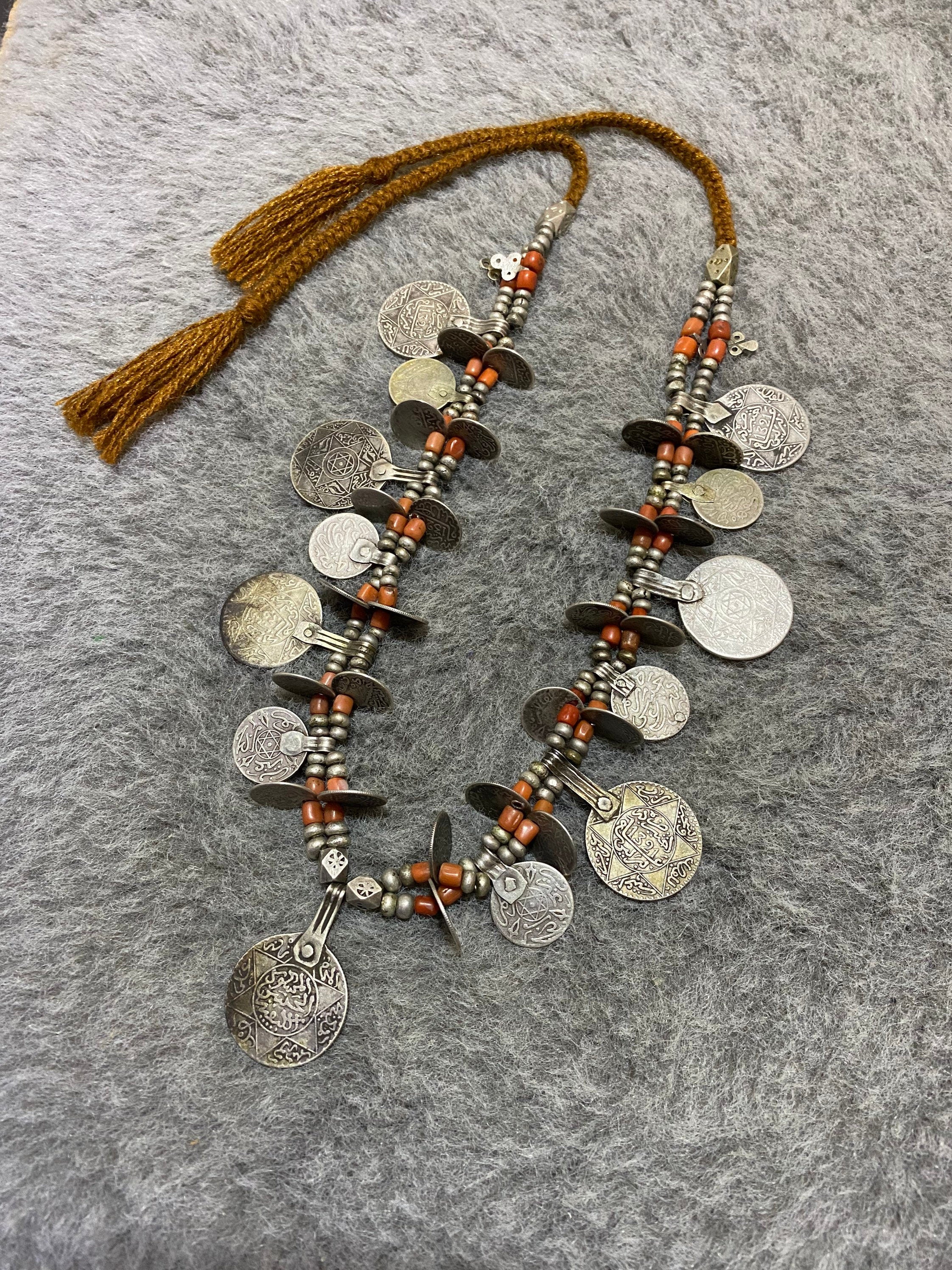 Antique Berber Necklace from Morocco,Old Moroccan Silver Coins Necklace,Berber Silver-Coral Necklace,Moroccan Jewelry