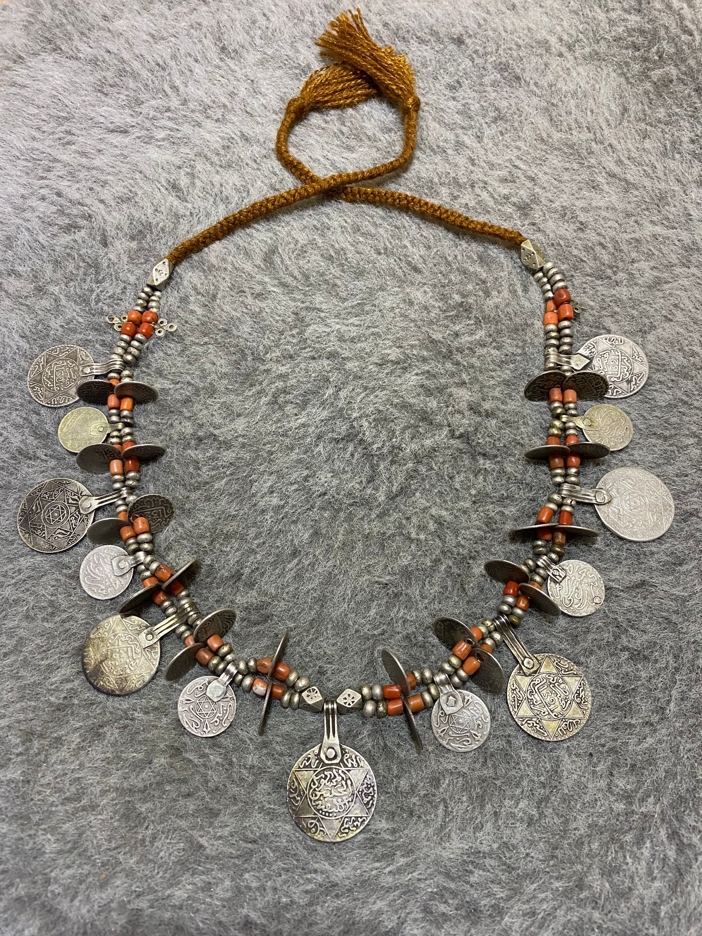 Antique Berber Necklace from Morocco,Old Moroccan Silver Coins Necklace,Berber Silver-Coral Necklace,Moroccan Jewelry