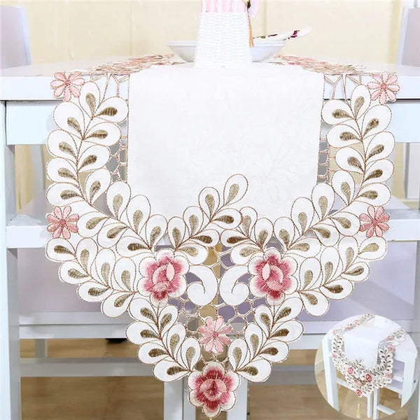 (US Seller) Polyester Washable Vintage Flower Embroidery Table Runner Mat Tablecloth Tassel Tea Rose Dining Decoration