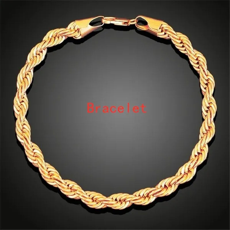 (Necklace + Bracelet) New Luxury Men and Women 18-karat Gold European Classic Silver Twist Necklace Bride Engagement Ornaments