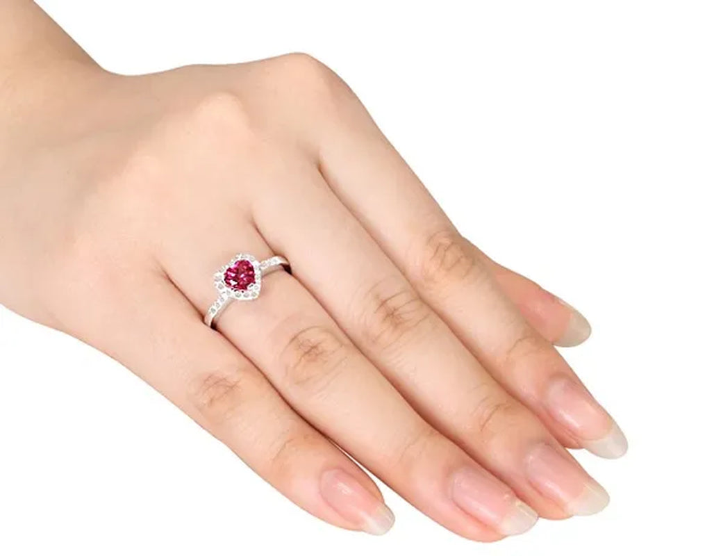 Lab-Created Ruby Heart Ring 1.10 Carat (ctw) with Diamonds in Sterling Silver