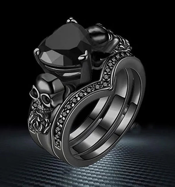 Gothic Black Rose Flower Skull Engagement Rings Set