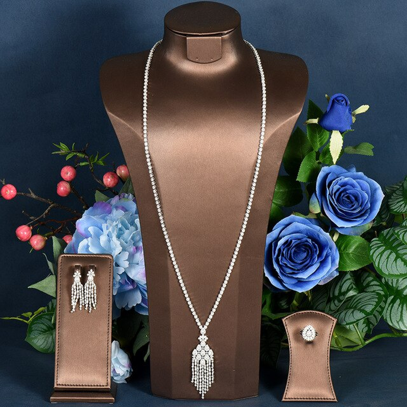 Luxury 3PCS Long Sweater Chain Necklace Earring Sets for Women Bridal Wedding Cu