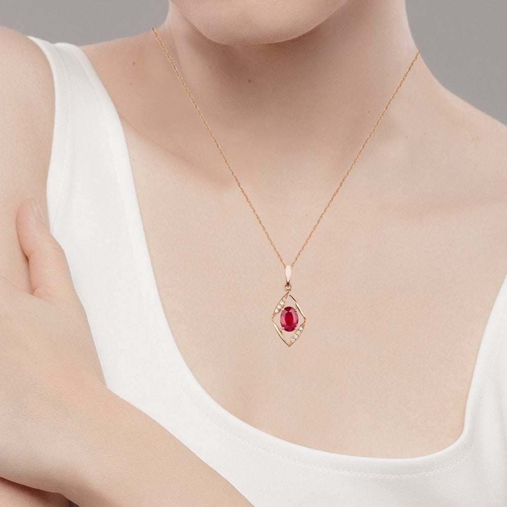 10K Rose Gold Genuine Oval Ruby and Diamond Pendant Necklace