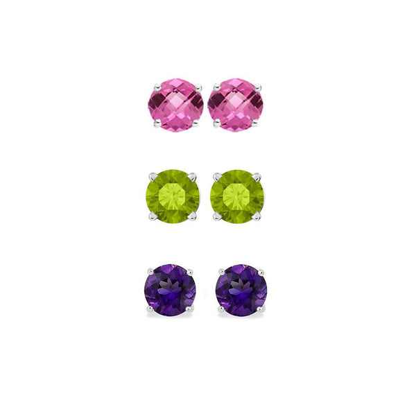 14K White Gold 2Ct Created Pink Sapphire, Peridot and Amethyst 3 Pair round Stud