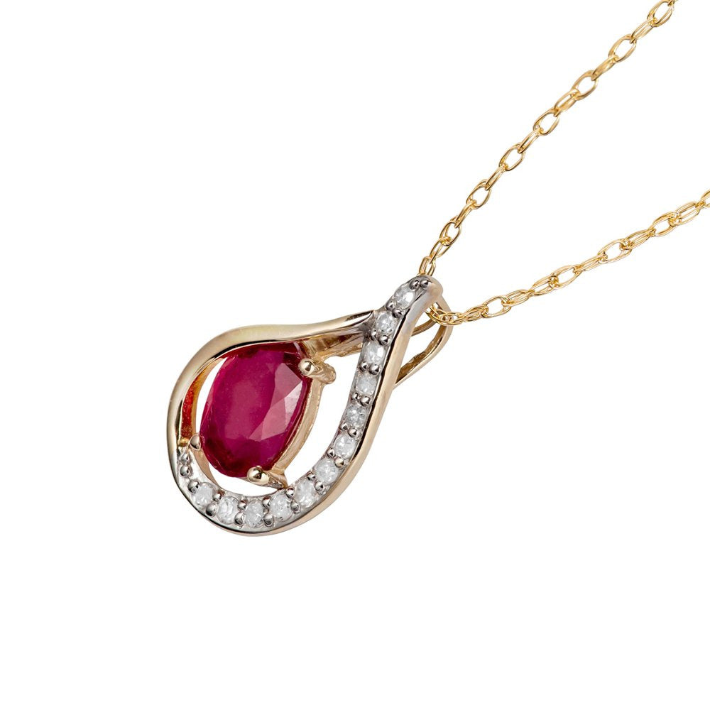 10K Yellow Gold Genuine Oval Ruby and Diamond Halo Drop Pendant Necklace