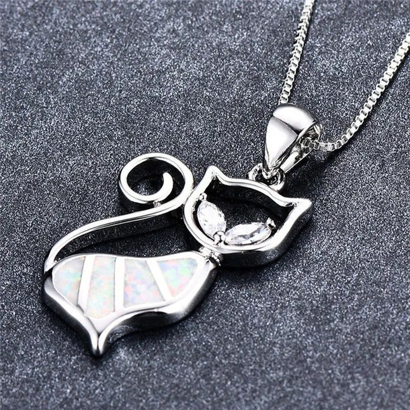 Fashion Elegant 925 Silver White Fire Opal Sapphire Cat Pendant Necklace Womens