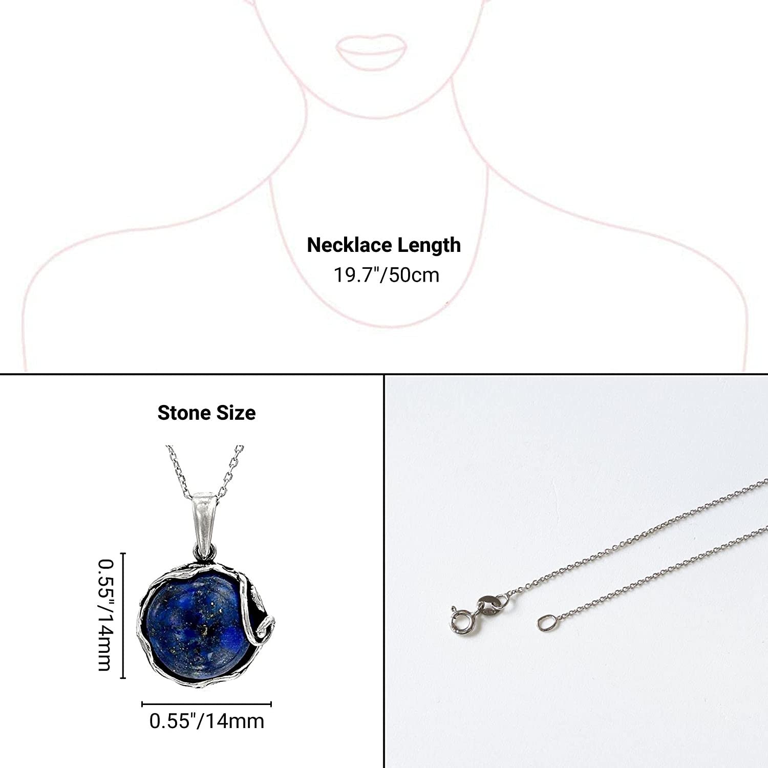 925 Sterling Silver Natural Lapis Necklace - 14Mm Blue Lapis Lazuli round Gemsto