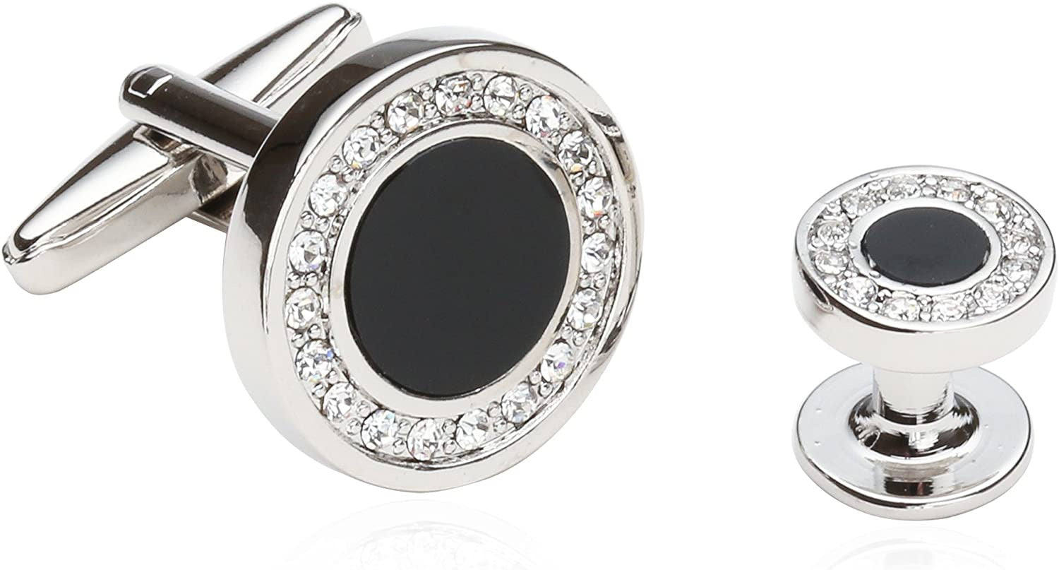 Men'S Black Onyx and Cubic Zirconia Silver Cufflinks Studs Formal Set with Trave