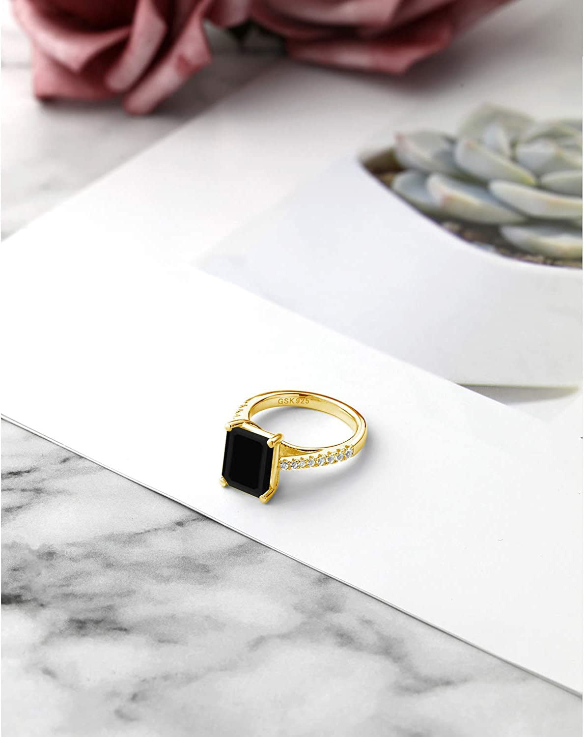 18K Yellow Gold Plated Silver Black Onyx and White Created Sapphire Ring for Wom