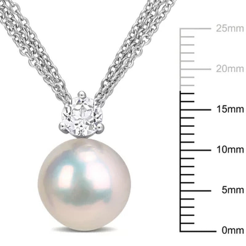 11-12 Mm White round Cultured Freshwater Pearl and White Topaz Drop Pendant in S