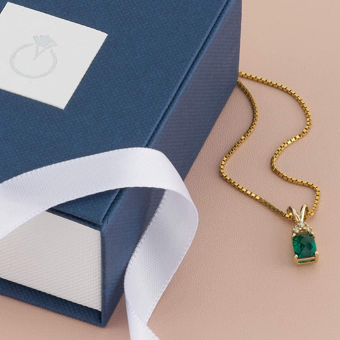 Created Emerald with Genuine Diamond Pendant in 14 Karat Yellow Gold, Elegant So