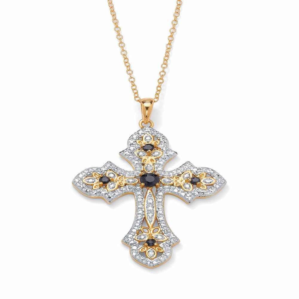 .46 TCW Genuine Midnight Sapphire and Diamond Accented Cross Pendant 18K Gold-Pl