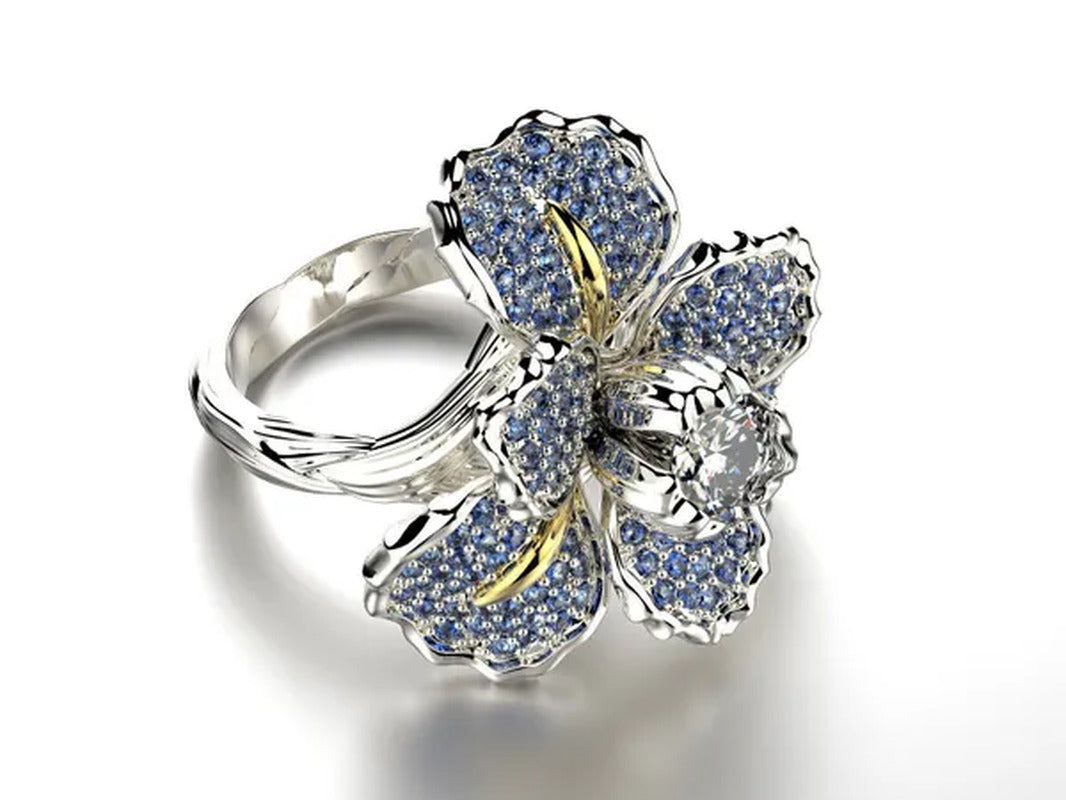 925 Silver Ring Iris Flower Two Tone Ring Blue Sapphire Flower Engagement Cockta