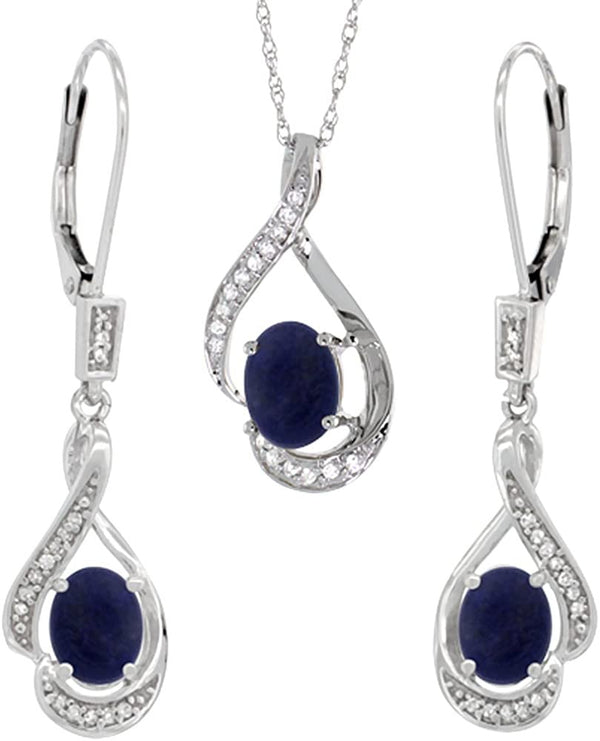 14K White Gold Diamond Natural Lapis Lever Back Earrings & Necklace Set Oval 7X5