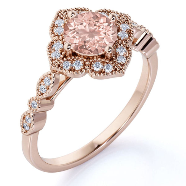 Antique Design 1.25 Carat Peach Pink Created Morganite (Round Shaped) and Diamon