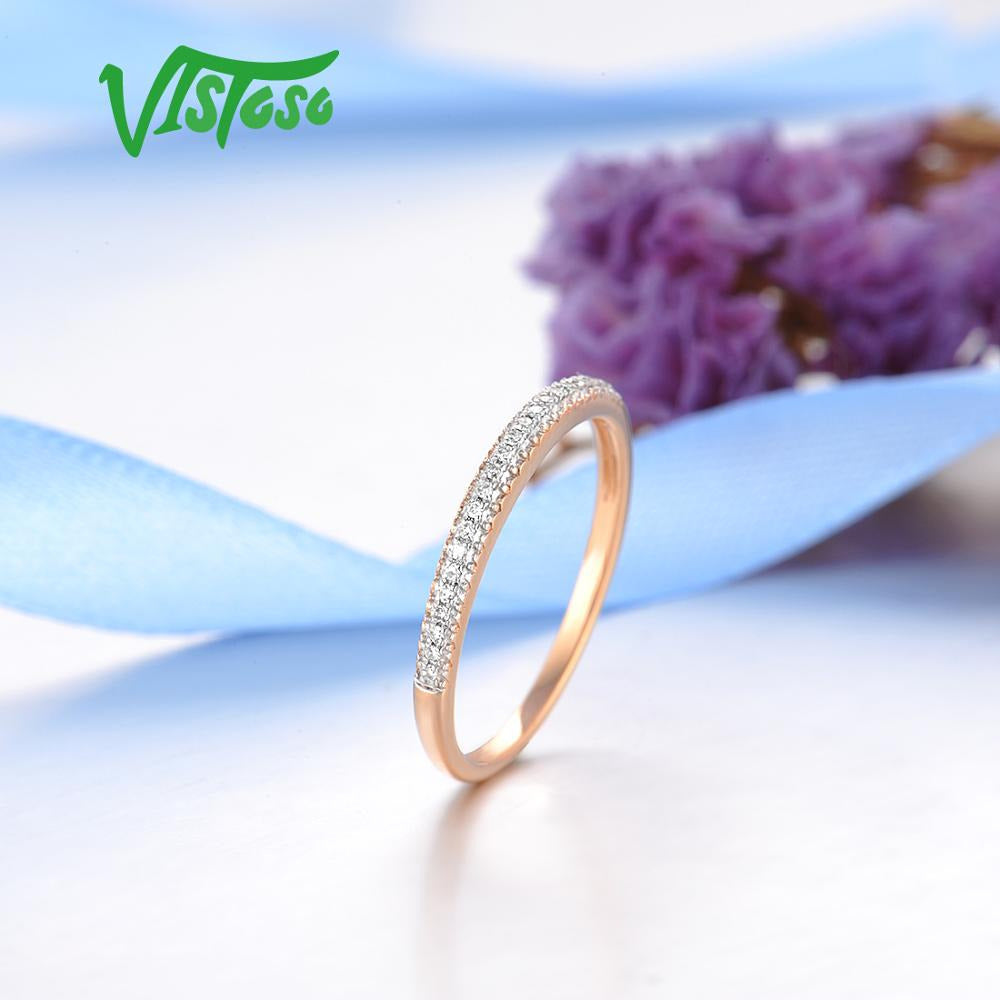 Genuine 14K 585 Rose Gold Sparkling Diamond Delicate Ring for Women Anniversary