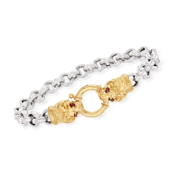 0.20 Ct. T.W. Garnet Double Lion Head Bracelet in 2-Tone Sterling Silver