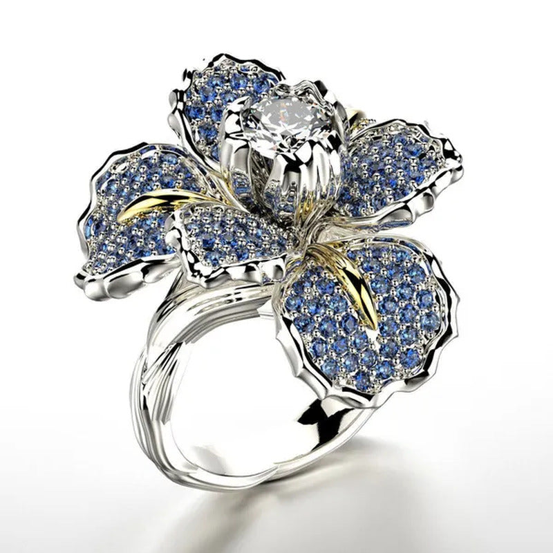 925 Silver Ring Iris Flower Two Tone Ring Blue Sapphire Flower Engagement Cockta