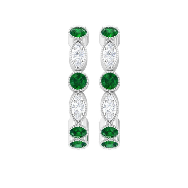 1 CT Emerald and Diamond Hoop Earrings, Emerald Vintage Earrings, Hoop Earrings