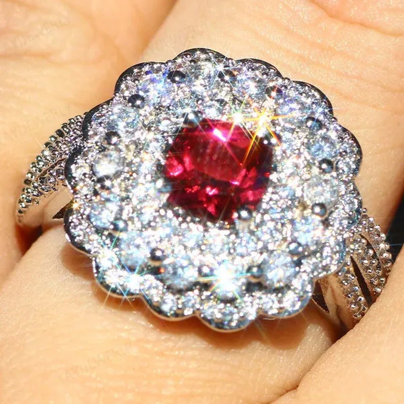 Unique 925 Silver Anniversary Statement Multicolor Cluster Ruby Ring Multicolor