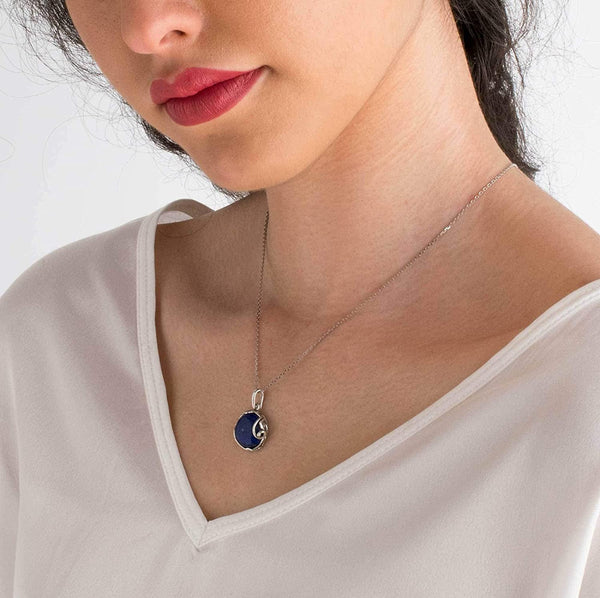 925 Sterling Silver Natural Lapis Necklace - 14Mm Blue Lapis Lazuli round Gemsto