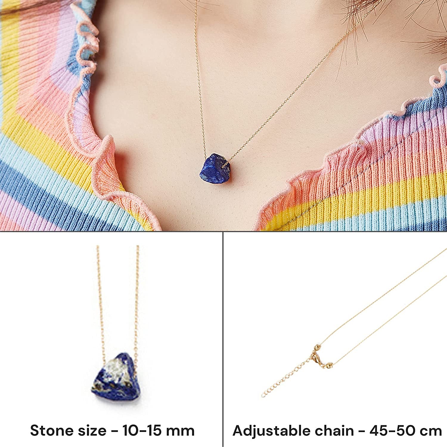 Lapis Lazuli Crystal Necklace for Women with Gold Colored Adjustable Chain - Nat