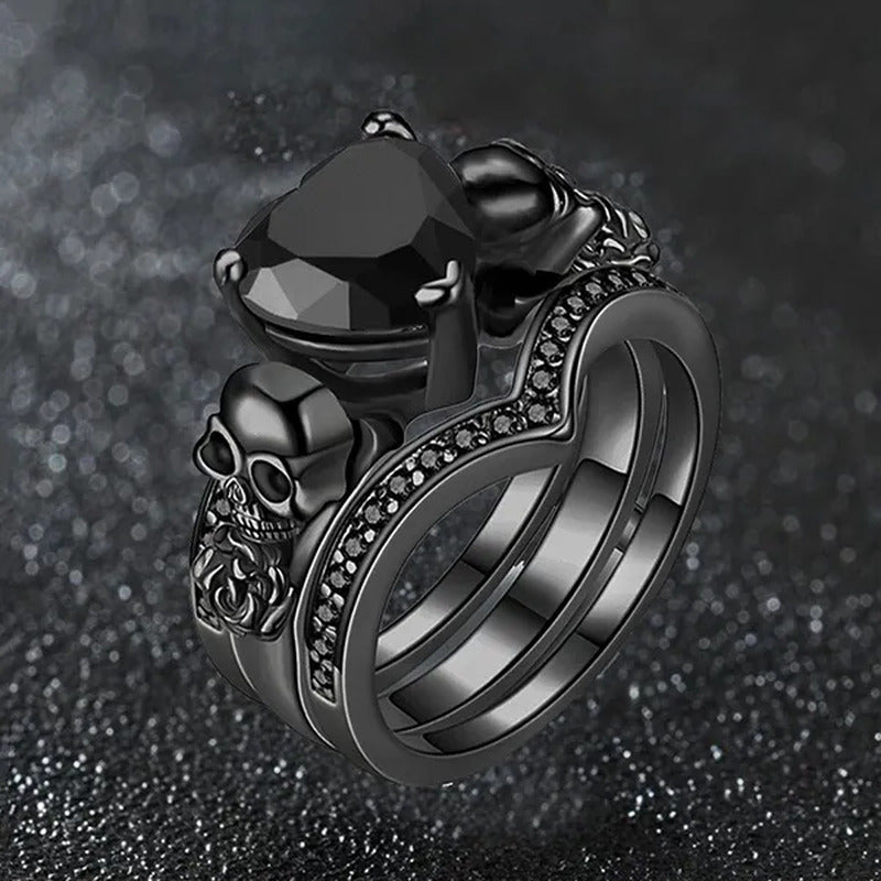 Gothic Black Rose Flower Skull Engagement Rings Set Red Purple Heart-Shaped Zirc