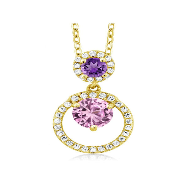 1.85 Ct Pink Created Sapphire Purple Amethyst 18K Yellow Gold Plated Silver Pend