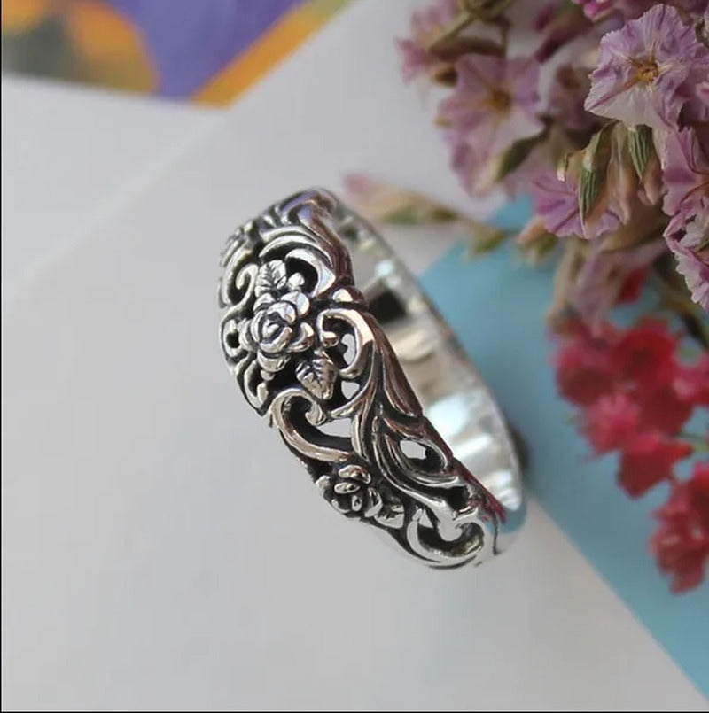 Exquisite 925 Sterling Silver Vintage Silver Black Rose Flower Ring Bride Weddin