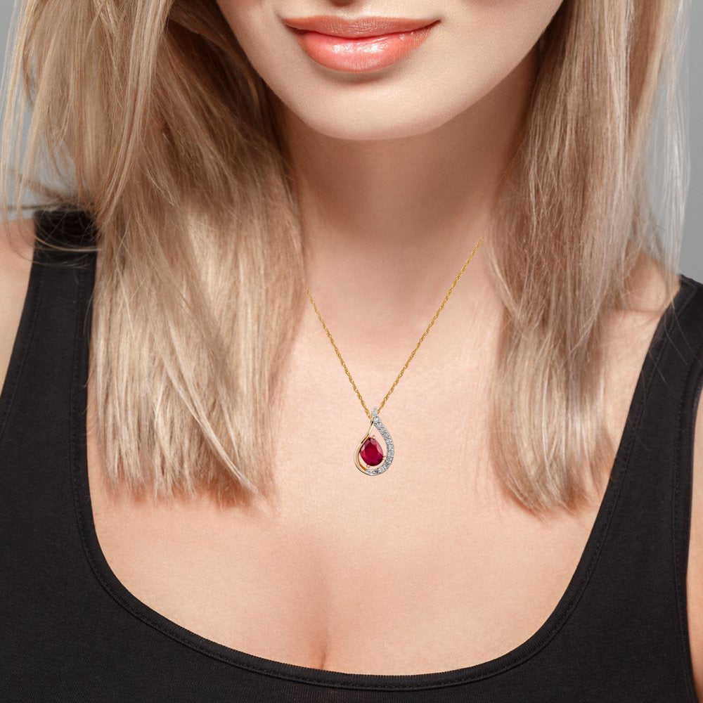 10K Yellow Gold Genuine Oval Ruby and Diamond Halo Drop Pendant Necklace