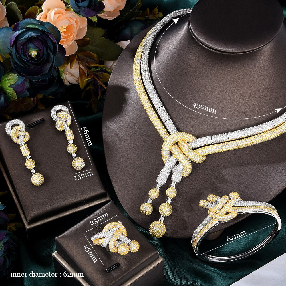 Luxury 4PCS African Knots Necklace Earring Sets Cubic Zirconia Jewelry Sets