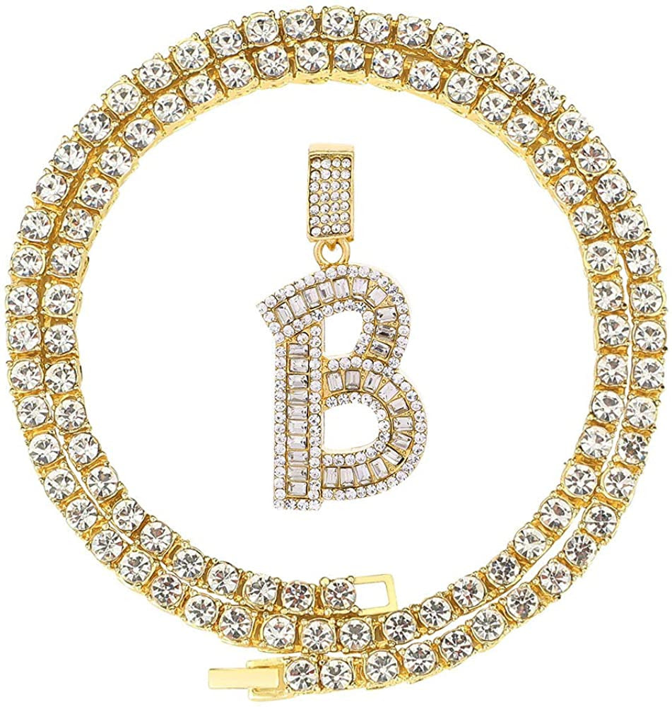 Bling Silver or Gold Baguette Initial Letter Necklaces for Men and Women Iced Ou