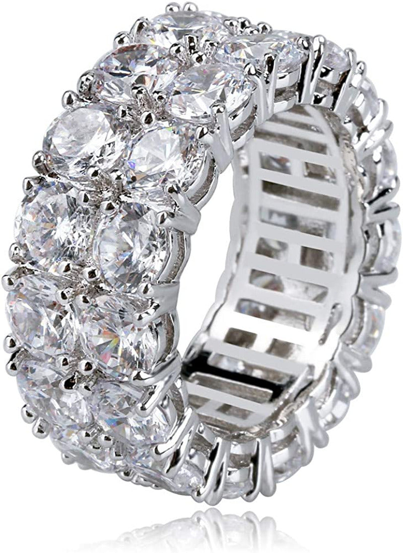 TOPGRILLZ 9Mm 2Rows round Cut 14K Silver Plated Iced Out Lab Diamond Wedding Ban