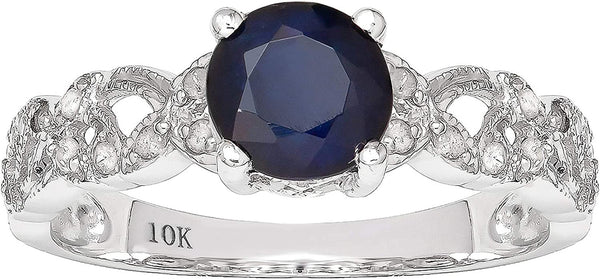 10K White Gold Vintage Style Genuine round Sapphire and Diamond Filigree Ring