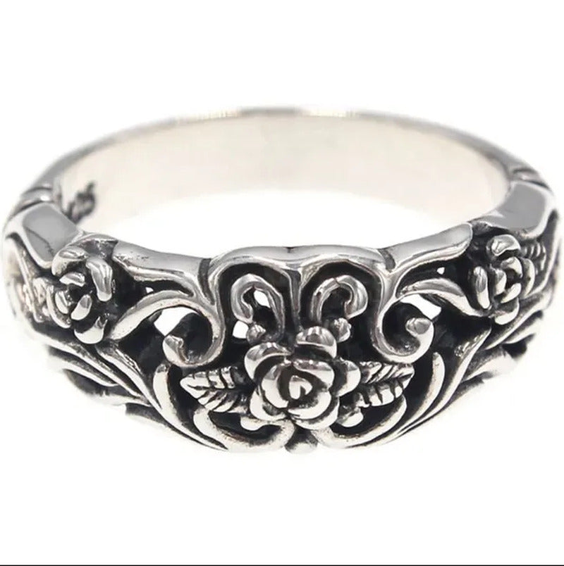 Exquisite 925 Sterling Silver Vintage Silver Black Rose Flower Ring Bride Weddin