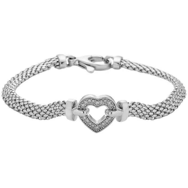 0.12 CT. T.W. Diamond Heart Mesh Bracelet in Italian Sterling Silver, 7.5"