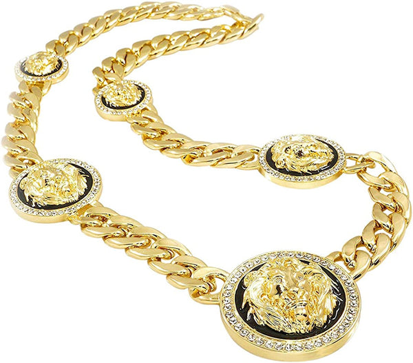 15Mm Gold Chain with Five Headed Lion Pendant Iced Lab Diamond CZ | 14K Gold Pla