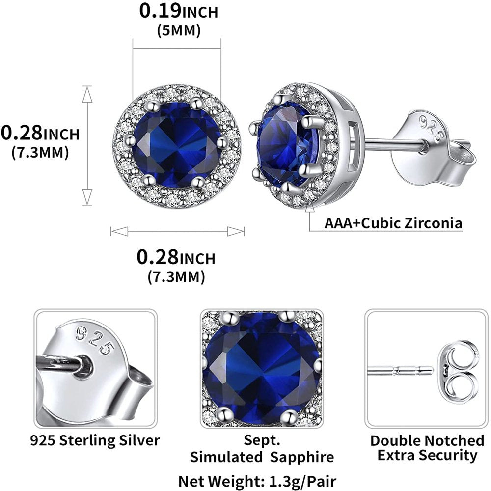 Birthstone Stud Earrings 925 Sterling Silver with Cubic Zirconia Crystal - Septe