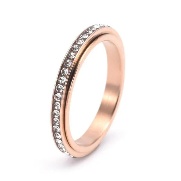 3Mm Wide Titanium Steel Exquisite Thin Spinner Ring Inlay Single Row Rhinestones