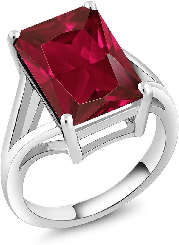 925 Sterling Silver Created Ruby Women Solitaire Ring (8.00 Cttw, Emerald Cut 14