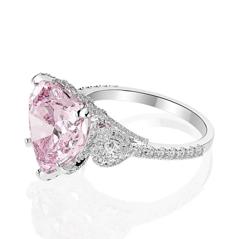 Luxury Silver Plated Simulated Pink Heart-Shaped Lab Diamond Engagement Ring wit