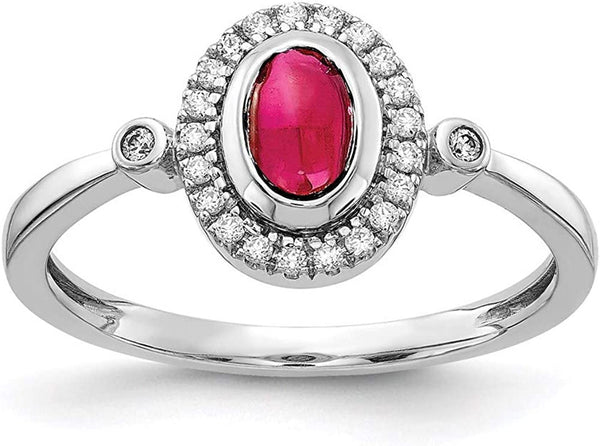 14K White Gold Diamond and Cabochon Ruby Ring, Size 7